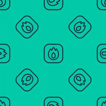 Blue line Fire flame icon isolated seamless pattern on green background. Vector Stock Illustration