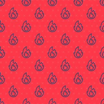 Blue line Fire flame icon isolated seamless pattern on red background.  Vecto Stock Illustration