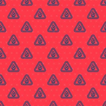 Blue line Fire flame in triangle icon isolated seamless pattern on red Illustrazione stock