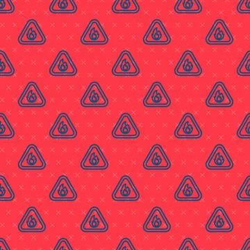 Blue line Fire flame in triangle icon isolated seamless pattern on red Stock Illustration