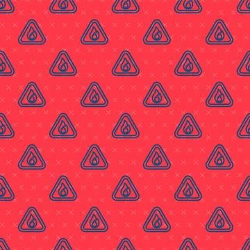 Blue line Fire flame in triangle icon isolated seamless pattern on red back.. Illustrazione stock