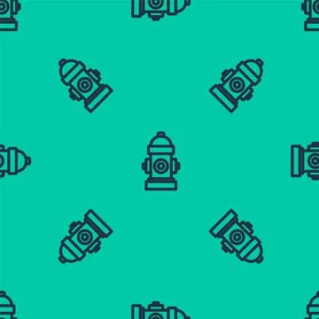 Blue line Fire hydrant icon isolated seamless pattern on green background Stockillustratie