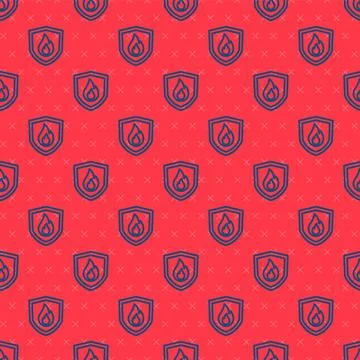 Blue line Fire protection shield icon isolated seamless pattern on red backgr Stock Illustration