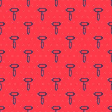 Blue line Firefighter axe icon isolated seamless pattern on red background. Fire 스톡 일러스트