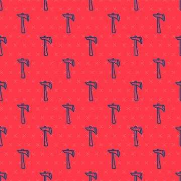 Blue line Firefighter axe icon isolated seamless pattern on red background. Fire Stock Illustration