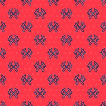 Blue line Firefighter axe icon isolated seamless pattern on red background. Fire Stock Illustration