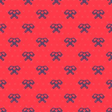 Blue line Firefighter axe icon isolated seamless pattern on red background. Fire 스톡 일러스트