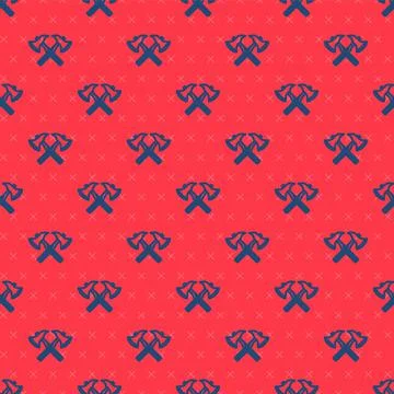 Blue line Firefighter axe icon isolated seamless pattern on red background. Fire Stock Illustration