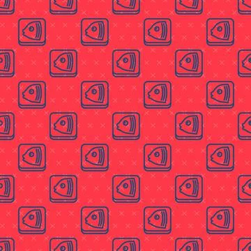 Blue line Fish head icon isolated seamless pattern on red background. Vector 스톡 일러스트