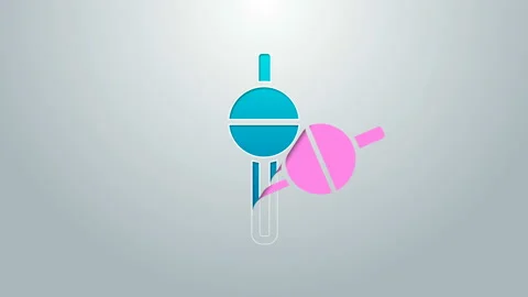 Blue line Fishing float icon isolated on grey background. Fishing tackle. 4K Stock Footage 145298283