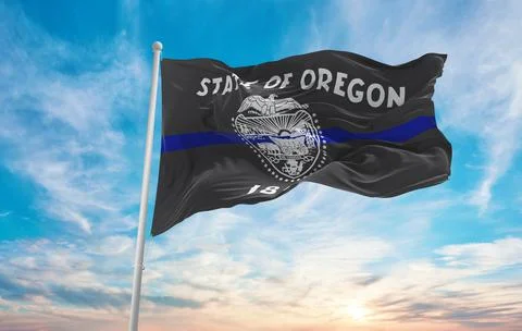 Blue line flag of Oregon state, Usa at cloudy sky background on sunset, panor Stock Illustration