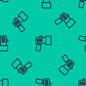 Blue line Flashlight for diver icon isolated seamless pattern on green backgr 스톡 일러스트