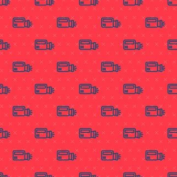 Blue line Flashlight icon isolated seamless pattern on red background. Vector Stock Illustration
