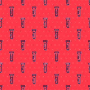 Blue line Flashlight icon isolated seamless pattern on red background.  Vecto Stock Illustration