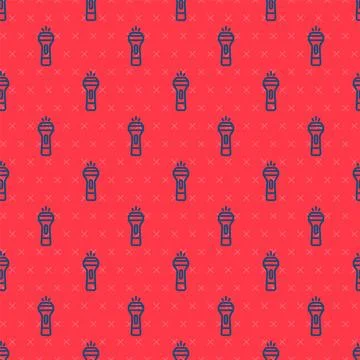 Blue line Flashlight icon isolated seamless pattern on red background.  Vecto イラスト素材