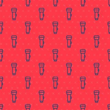 Blue line Flashlight icon isolated seamless pattern on red background.  Vecto イラスト素材
