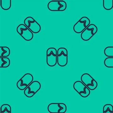 Blue line Flip flops icon isolated seamless pattern on green background. Beach Stock Illustration