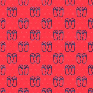 Blue line Flip flops icon isolated seamless pattern on red background. Beach Stock Illustration