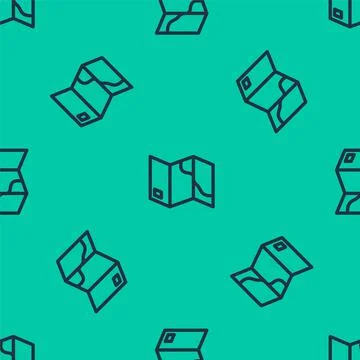 Blue line Folded map icon isolated seamless pattern on green background. Vector Stock Illustration
