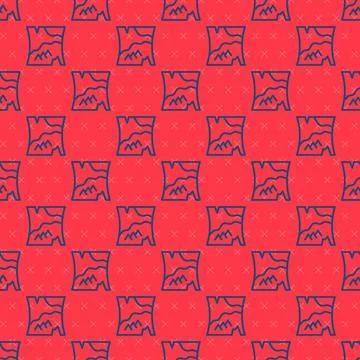 Blue line Folded map icon isolated seamless pattern on red background.  Vecto Stock Illustration