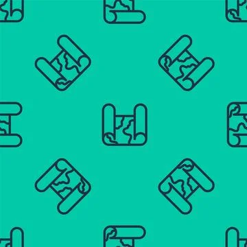 Blue line Folded map icon isolated seamless pattern on green background.  V.. Stock Illustration