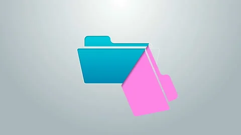 Blue line Folder and lock icon isolated on grey background. Closed folder and Video stock 144963718