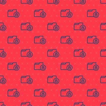 Blue line Folder and lock icon isolated seamless pattern on red background 스톡 일러스트