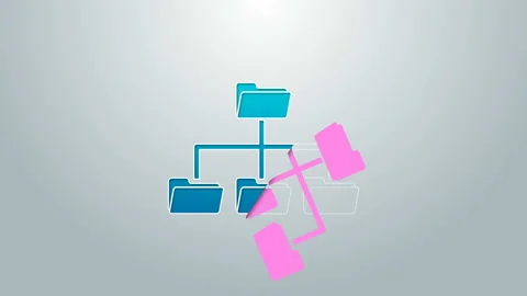 Blue line Folder tree icon isolated on grey background. Computer network file Stock Footage 144960261