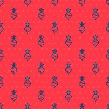 Blue line Fresh beet with leaf icon isolated seamless pattern on red background Stock Illustration