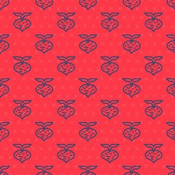 Blue line Fresh beet with leaf icon isolated seamless pattern on red background 스톡 일러스트