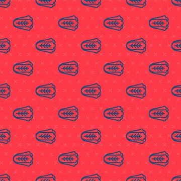 Blue line Fresh cabbage vegetable icon isolated seamless pattern on red Stock Illustration