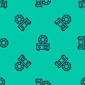 Blue line Gem stone icon isolated seamless pattern on green background. Jewelry Stock Illustration