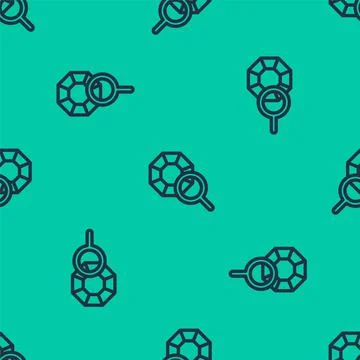 Blue line Gem stone icon isolated seamless pattern on green background. Jewelry Illustrazione stock