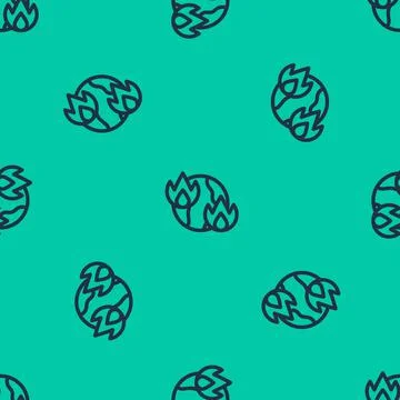 Blue line Global warming fire icon isolated seamless pattern on green background Illustrazione stock