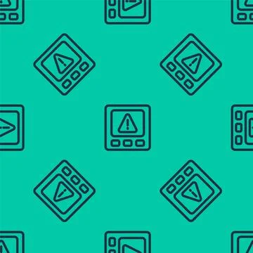 Blue line Gps device error icon isolated seamless pattern on green background Stock Illustration