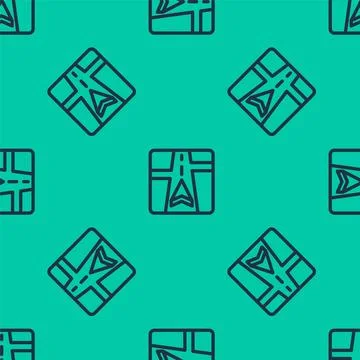 Blue line Gps device with map icon isolated seamless pattern on green background Stock Illustration