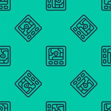 Blue line Gps device with map icon isolated seamless pattern on green backgro Stock Illustration