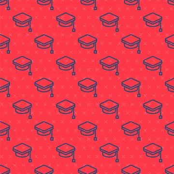 Blue line Graduation cap icon isolated seamless pattern on red background Stock Illustration