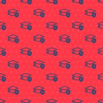 Blue line Graduation cap with shield icon isolated seamless pattern on red Stock Illustration