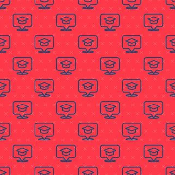 Blue line Graduation cap in speech bubble icon isolated seamless pattern on red Stockillustratie