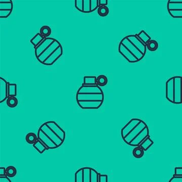 Blue line Hand grenade icon isolated seamless pattern on green background. Bomb Stock Illustration
