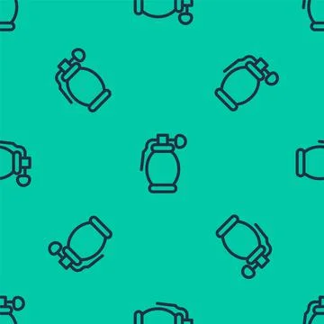 Blue line Hand grenade icon isolated seamless pattern on green background. Bomb Stock Illustration