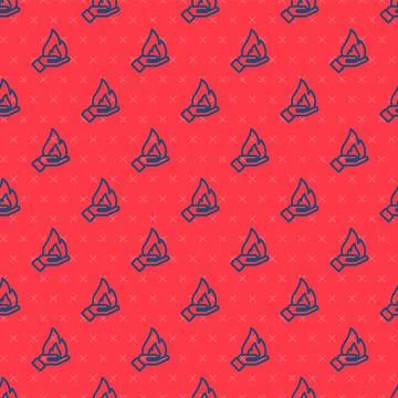 Blue line Hand holding a fire icon isolated seamless pattern on red background Stock Illustration