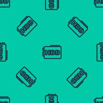 Blue line Hard disk drive HDD icon isolated seamless pattern on green background 스톡 일러스트