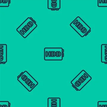 Blue line Hard disk drive HDD icon isolated seamless pattern on green backgro Stock Illustration