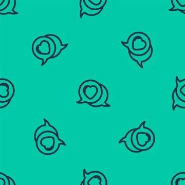 Blue line Heart in speech bubble icon isolated seamless pattern on green 스톡 일러스트