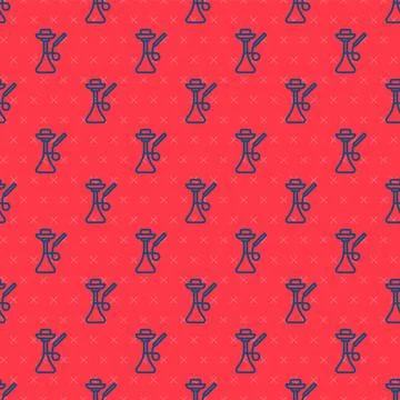 Blue line Hookah icon isolated seamless pattern on red background. Vector Stock Illustration
