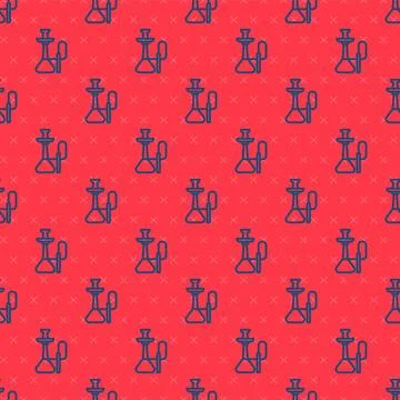 Blue line Hookah icon isolated seamless pattern on red background.  Vector Stock Illustration