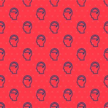 Blue line Human brain icon isolated seamless pattern on red background. Vector Stock Illustration