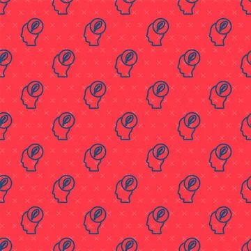 Blue line Human head with leaf inside icon isolated seamless pattern on red Stock Illustration